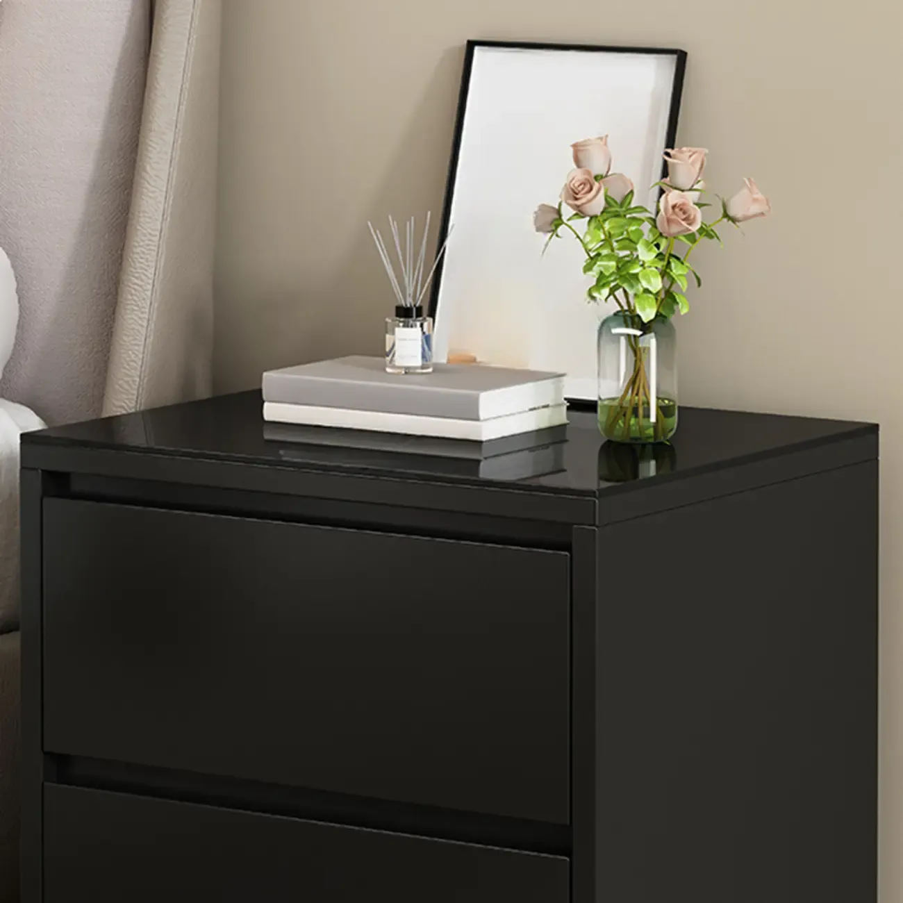 Wood Modern Narrow Two-Drawer Nightstand Image - 8