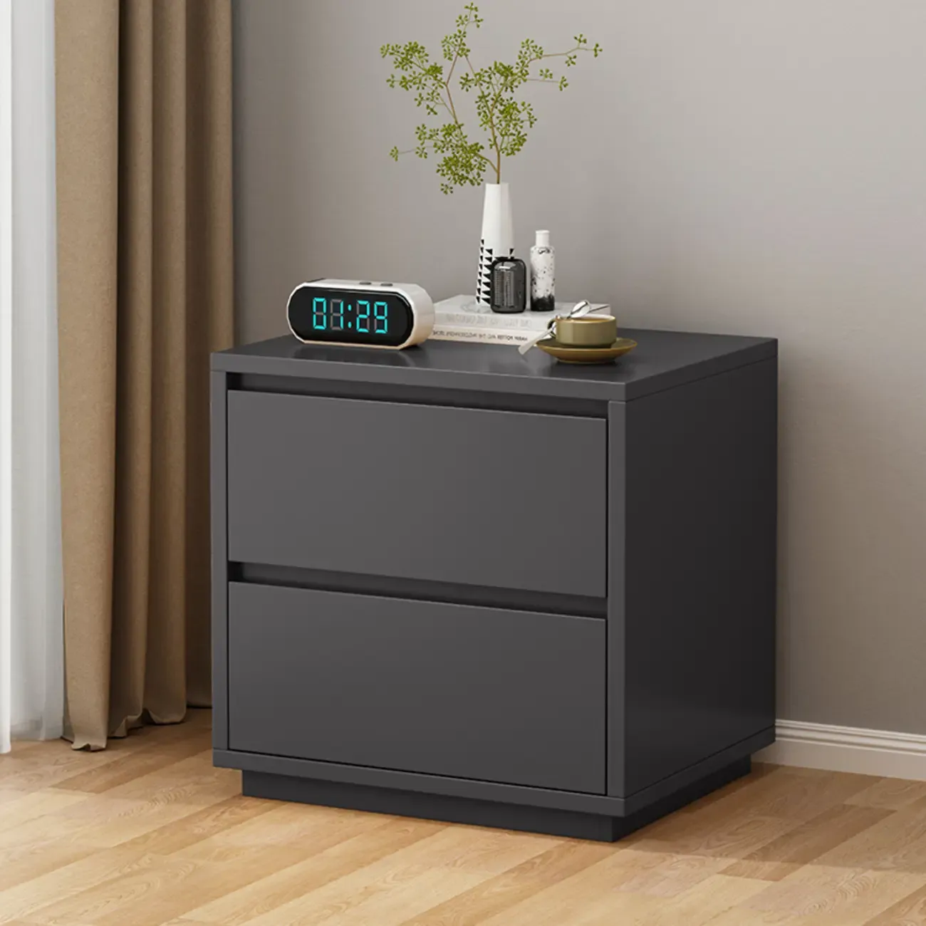 Wood Modern Narrow Two-Drawer Nightstand Image - 9