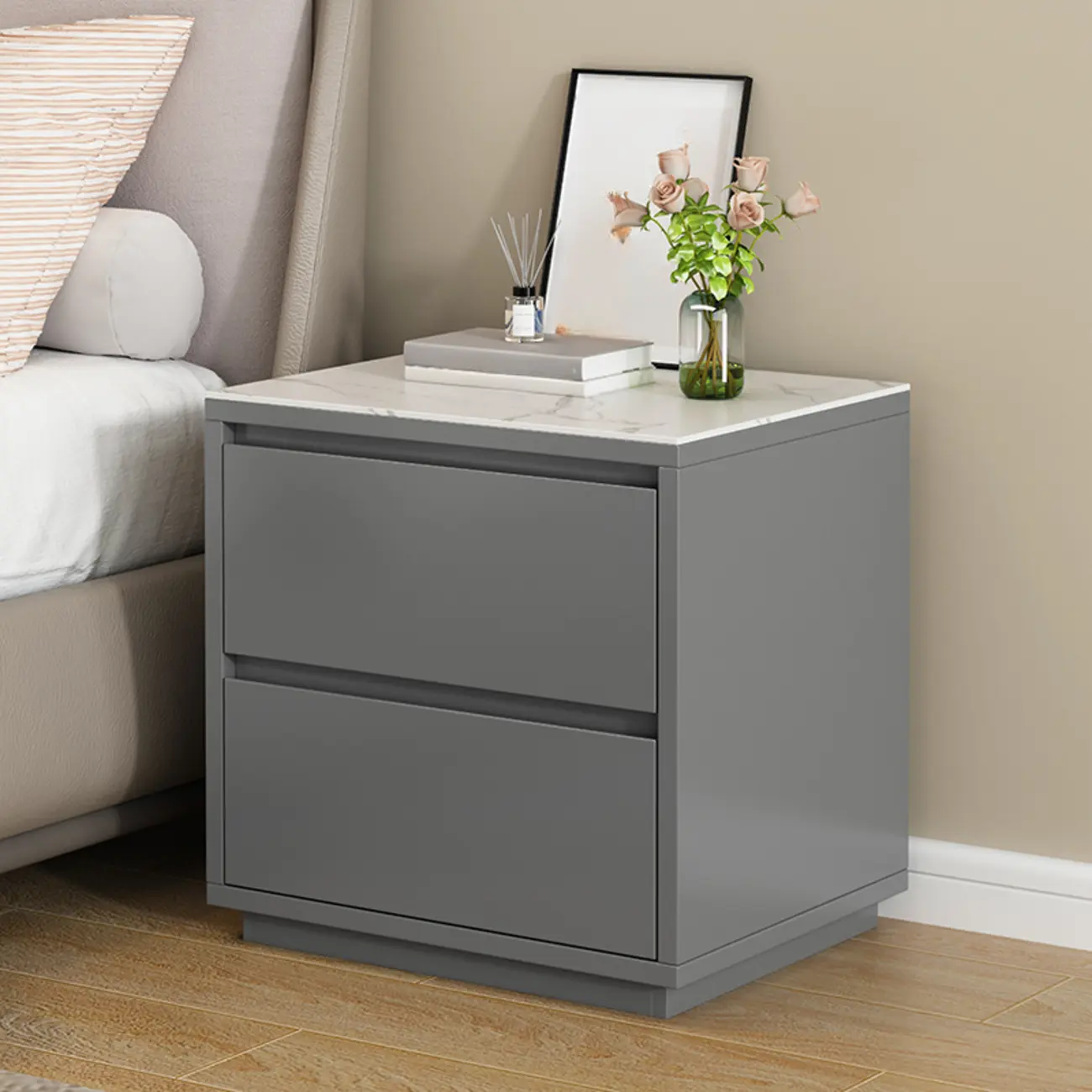 Wood Modern Narrow Two-Drawer Nightstand Image - 14 | homeyfad