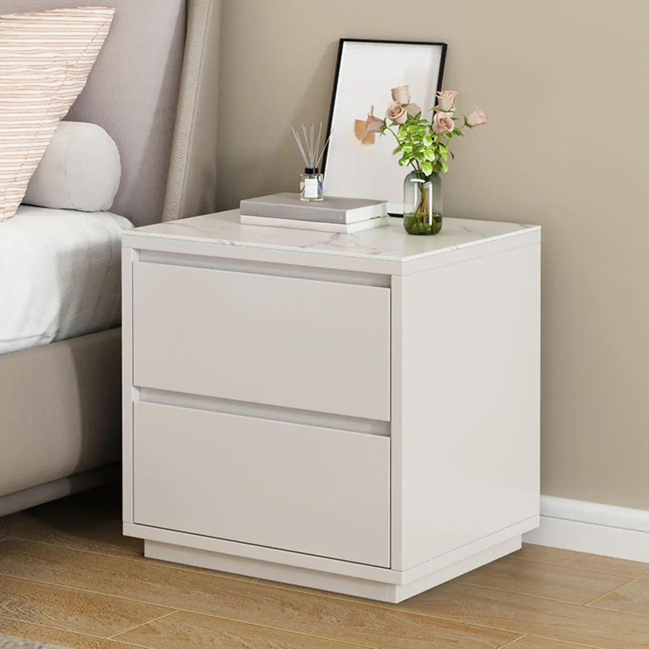 Wood Modern Narrow Two-Drawer Nightstand Image - 15