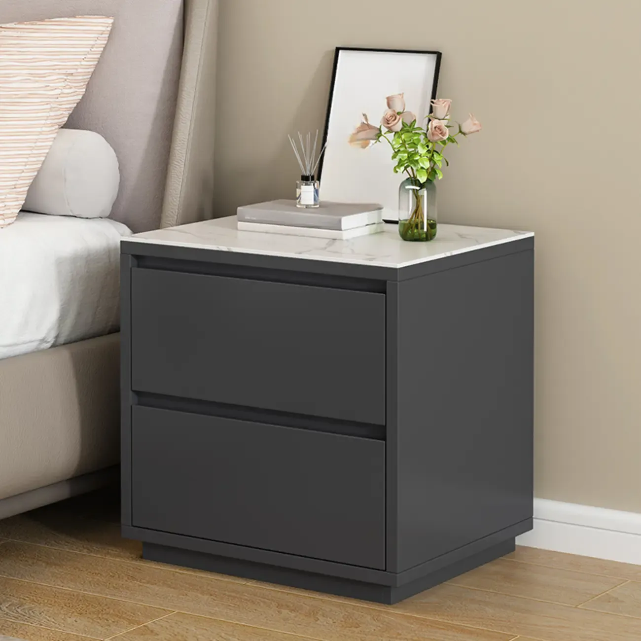 Wood Modern Narrow Two-Drawer Nightstand Image - 16