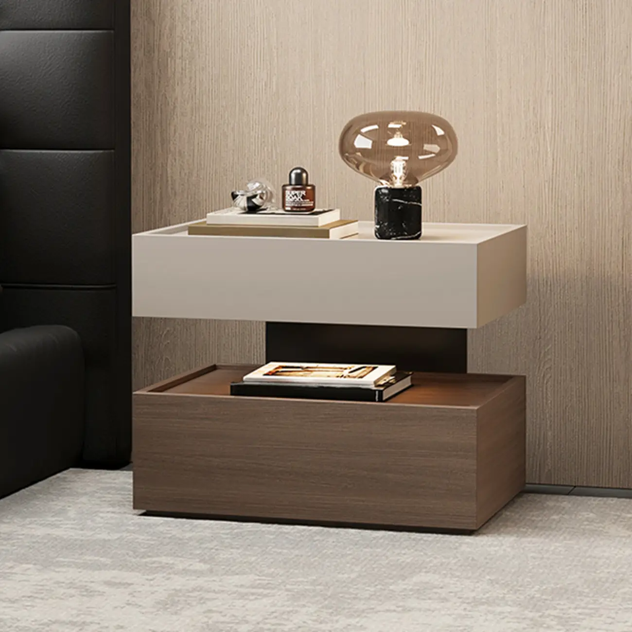 Industrial 2-tier Light Wood Nightstand with Open Storage Image - 2 | homeyfad