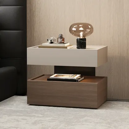 Industrial 2-tier Light Wood Nightstand with Open Storage Image - 2