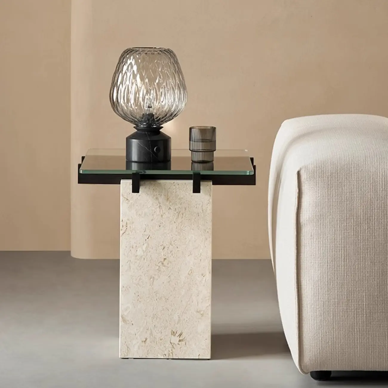  Contemporary Square Glass Top End Table Marble Base Image - 2 | homeyfad