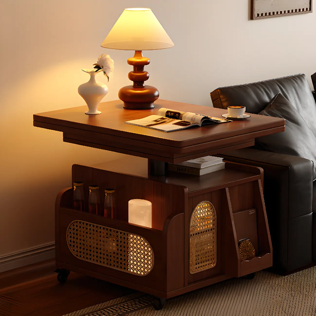 Functional Foldable Tabletop Wood Side Table With Wheels Image - 2 | homeyfad