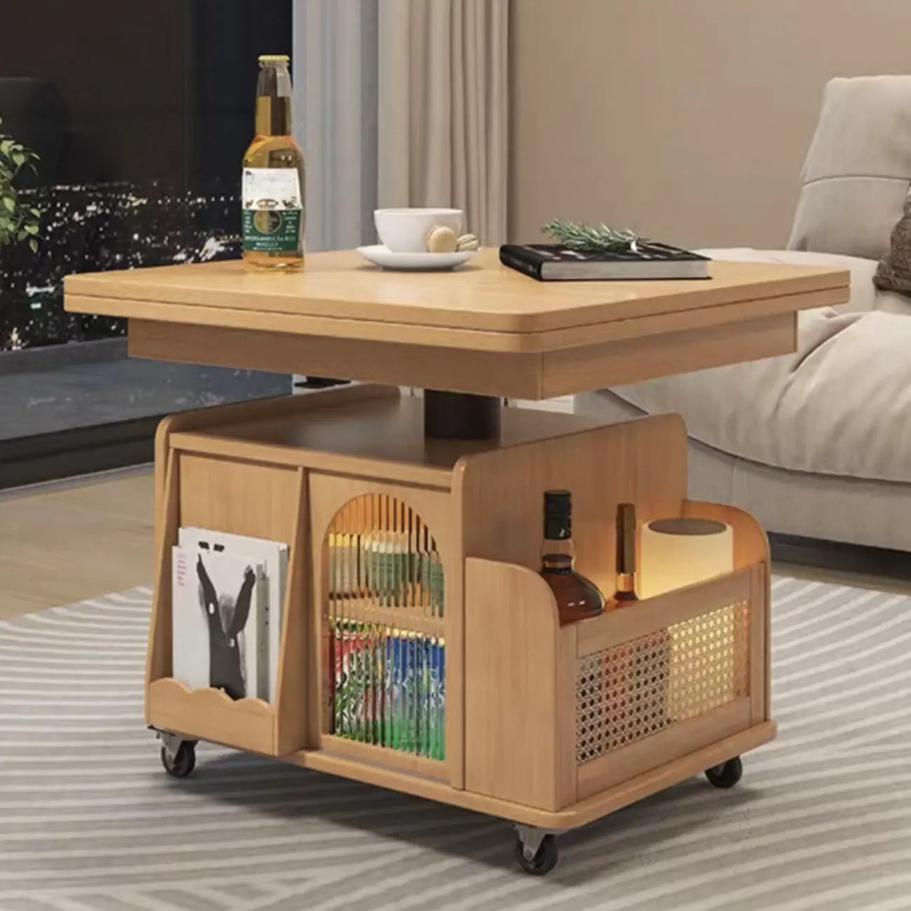 Functional Foldable Tabletop Wood Side Table With Wheels Image - 3 | homeyfad