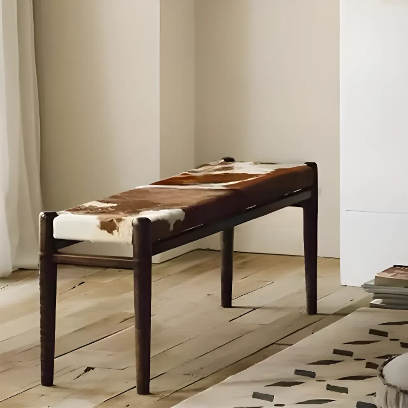 Elegant Modern Brown Upholstered Toile Bedroom Bench Image - 2