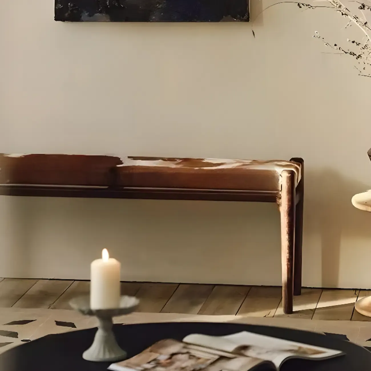 Elegant Modern Brown Upholstered Toile Bedroom Bench Image - 3