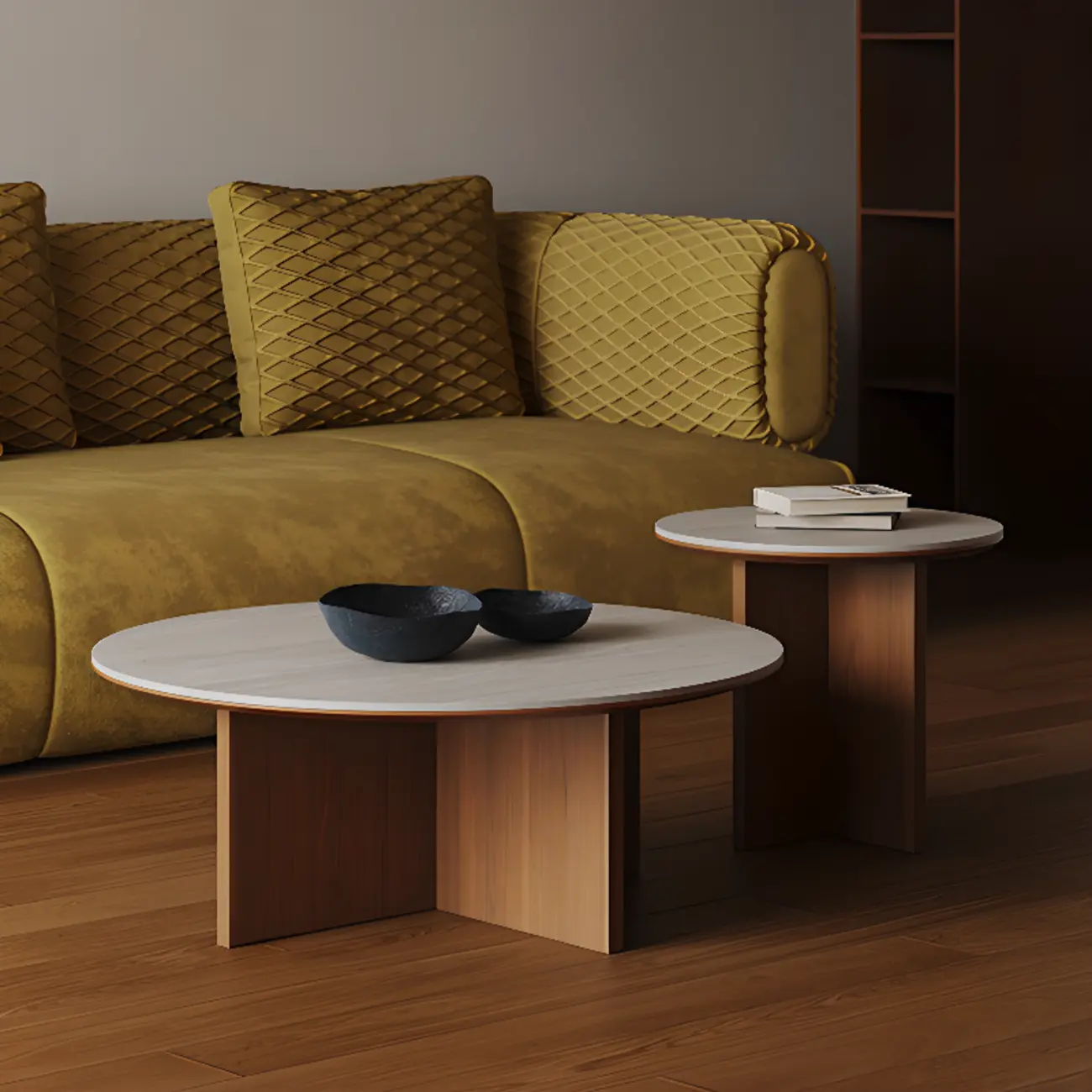 Contemporary Wood Pedestal Coffee Table Travertine Stone Top Image - 1 | homeyfad