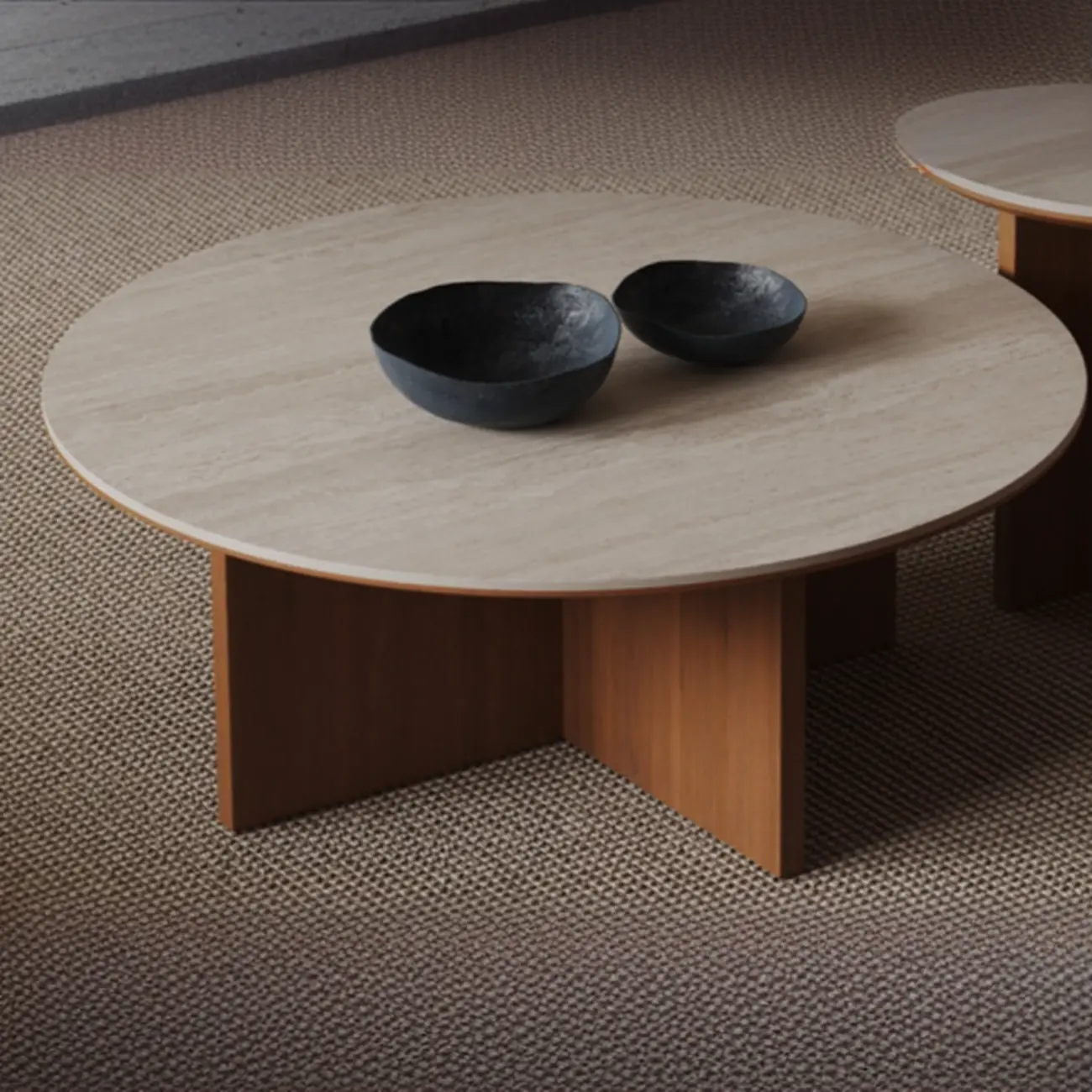 Contemporary Wood Pedestal Coffee Table Travertine Stone Top Image - 2 | homeyfad