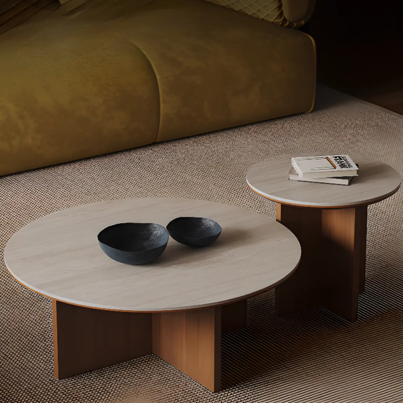 Contemporary Wood Pedestal Coffee Table Travertine Stone Top Image - 4 | homeyfad