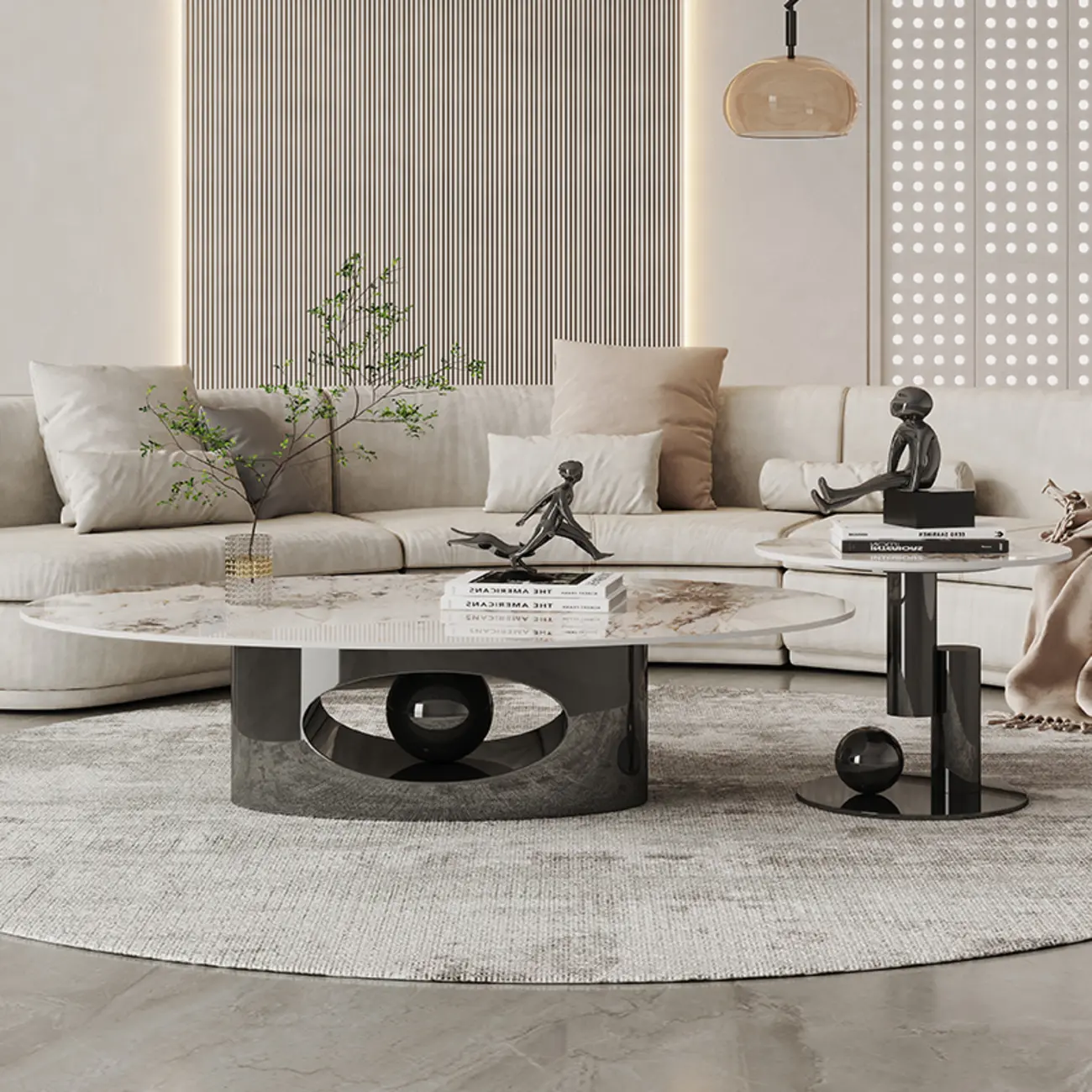 Glam Luxury Oval Sintered Stone Top Nesting Coffee Table Image - 3 | homeyfad