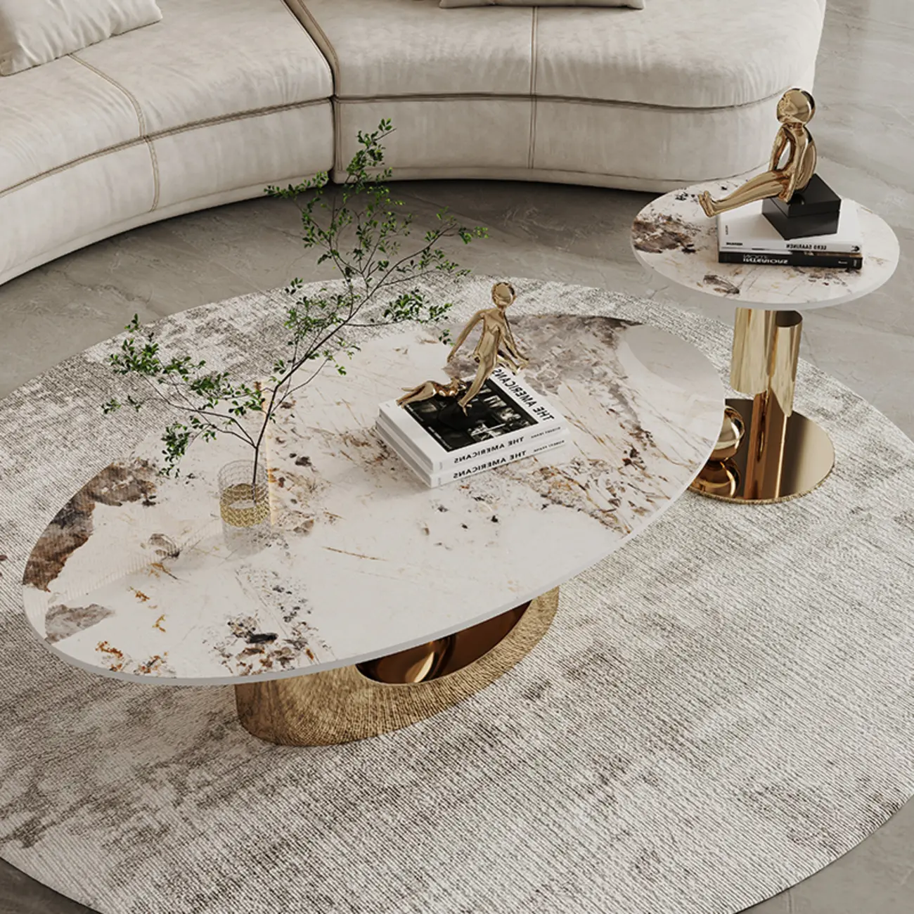 Glam Luxury Oval Sintered Stone Top Nesting Coffee Table Image - 4 | homeyfad