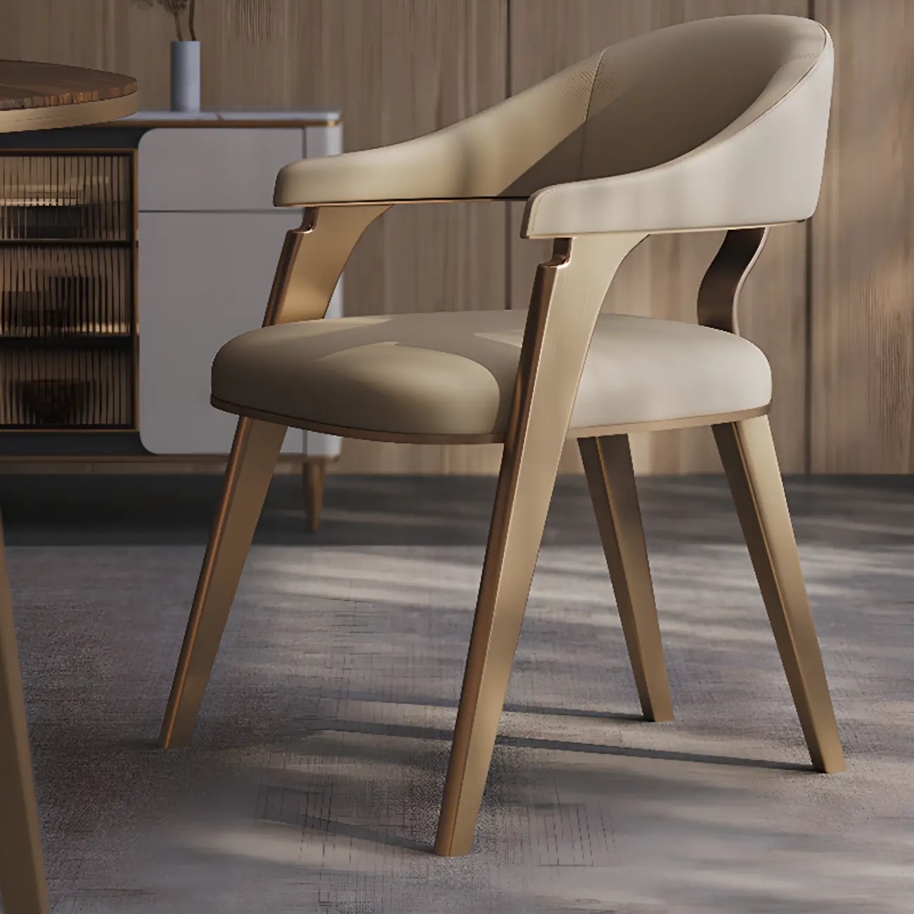 Modern Genuine Leather Champagne Gold Dining Room Arm Chair Image - 3 | homeyfad