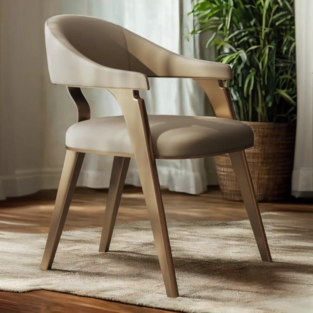 Modern Genuine Leather Champagne Gold Dining Room Arm Chair Image - 4 | homeyfad