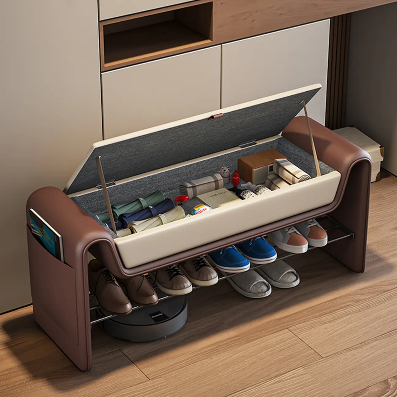 Brown Upholstered Entryway Bench With Storage Seat Image - 1 | homeyfad