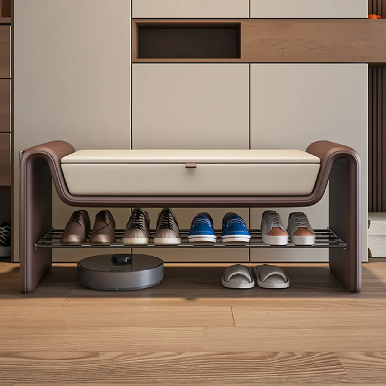 Brown Upholstered Entryway Bench With Storage Seat Image - 2