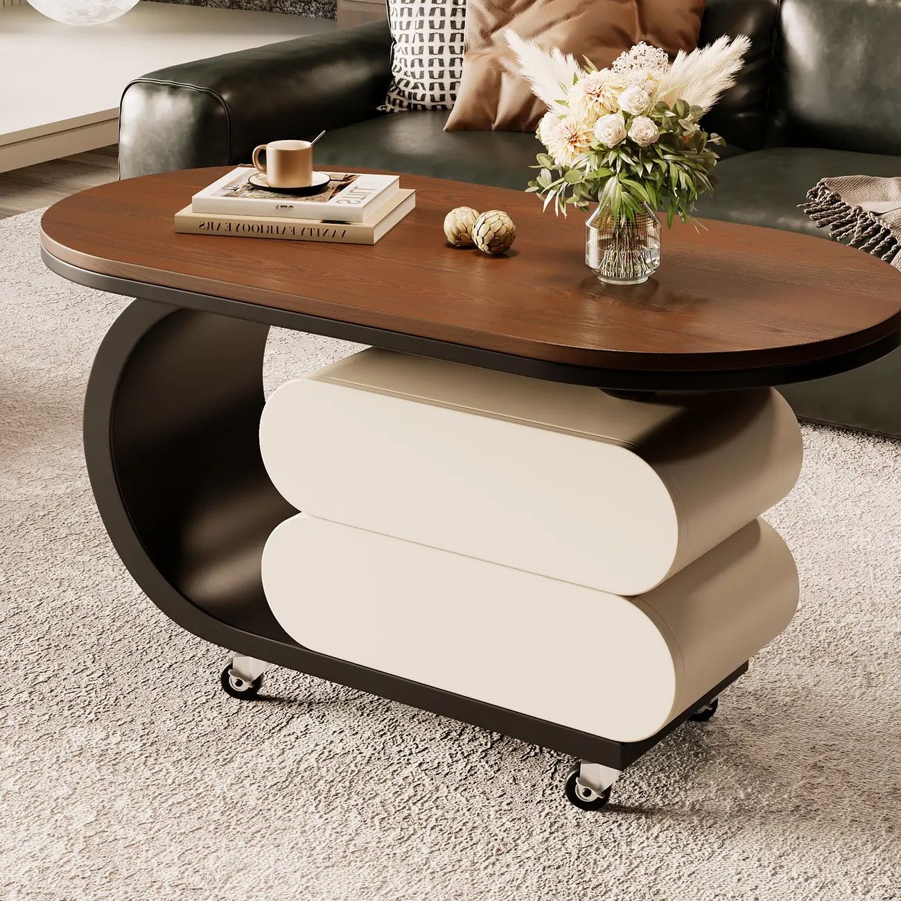 Oval Wood Top Modern Rolling Coffee Table With Drawers Image - 1 | homeyfad