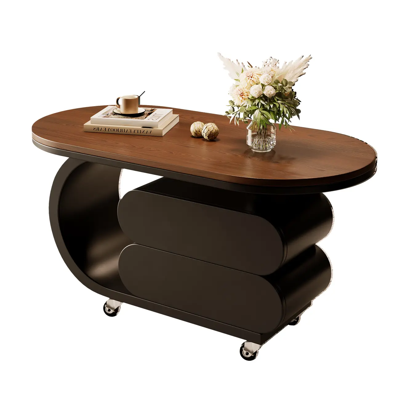 Oval Wood Top Modern Rolling Coffee Table With Drawers Image - 2 | homeyfad