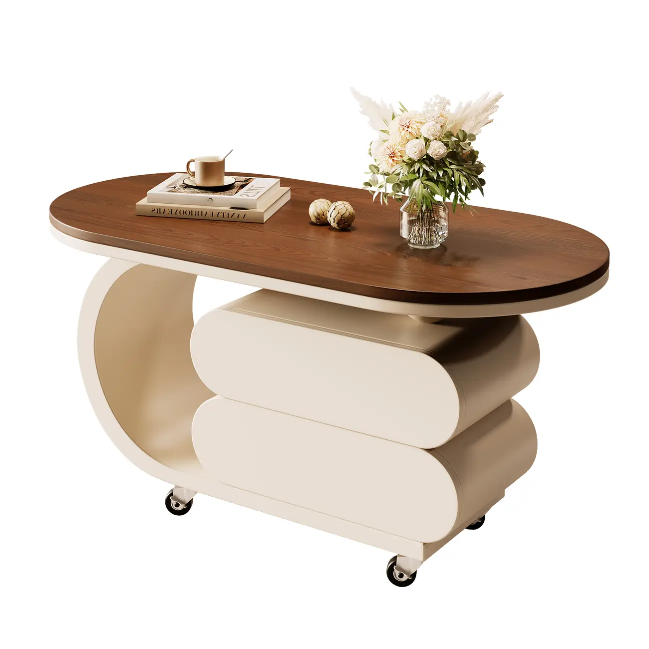 Oval Wood Top Modern Rolling Coffee Table With Drawers Image - 3 | homeyfad