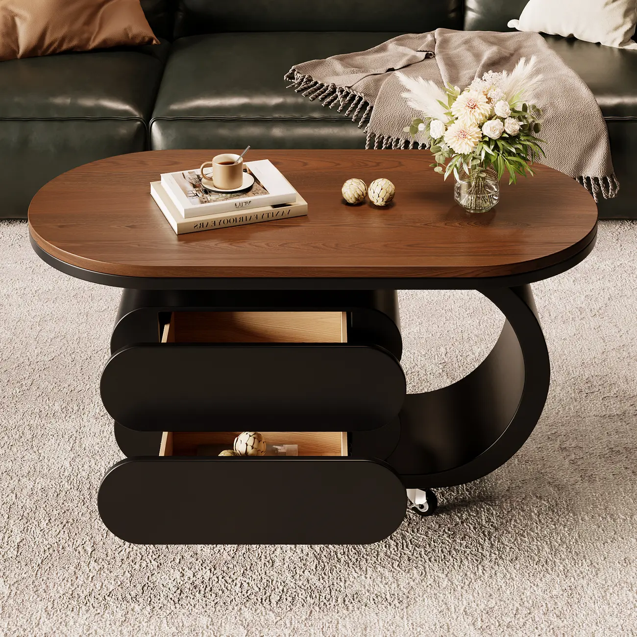 Oval Wood Top Modern Rolling Coffee Table With Drawers Image - 4 | homeyfad