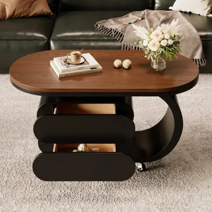 Oval Wood Top Modern Rolling Coffee Table With Drawers Image - 4