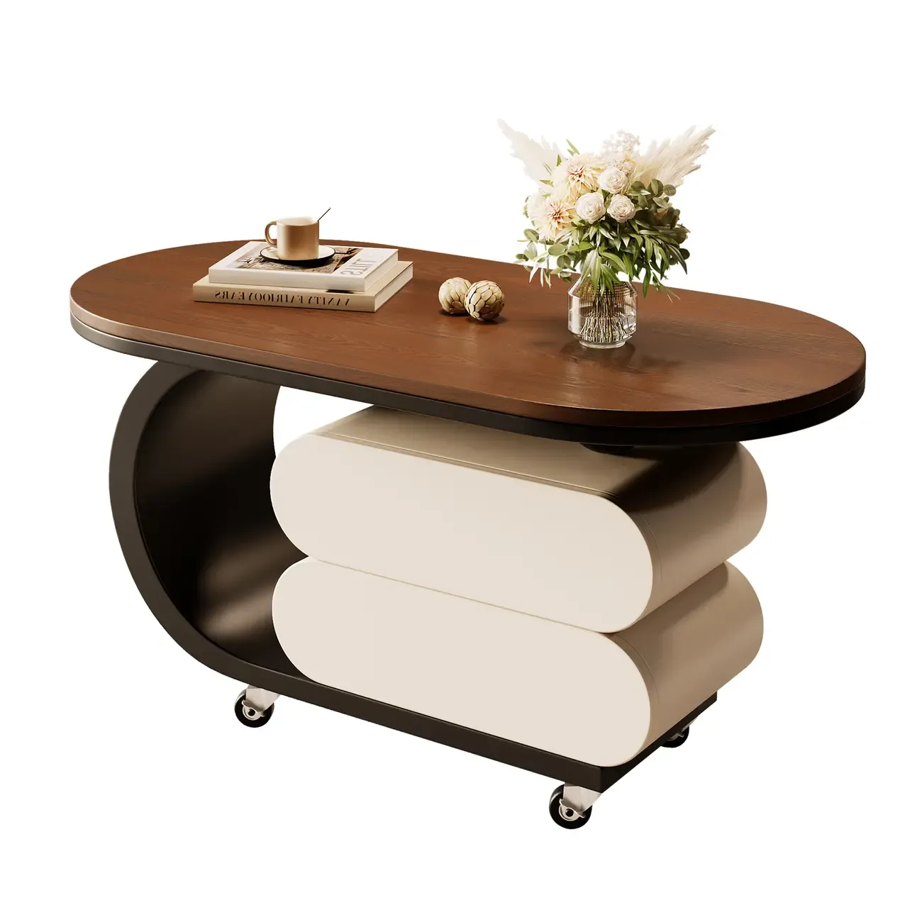 Oval Wood Top Modern Rolling Coffee Table With Drawers Image - 5