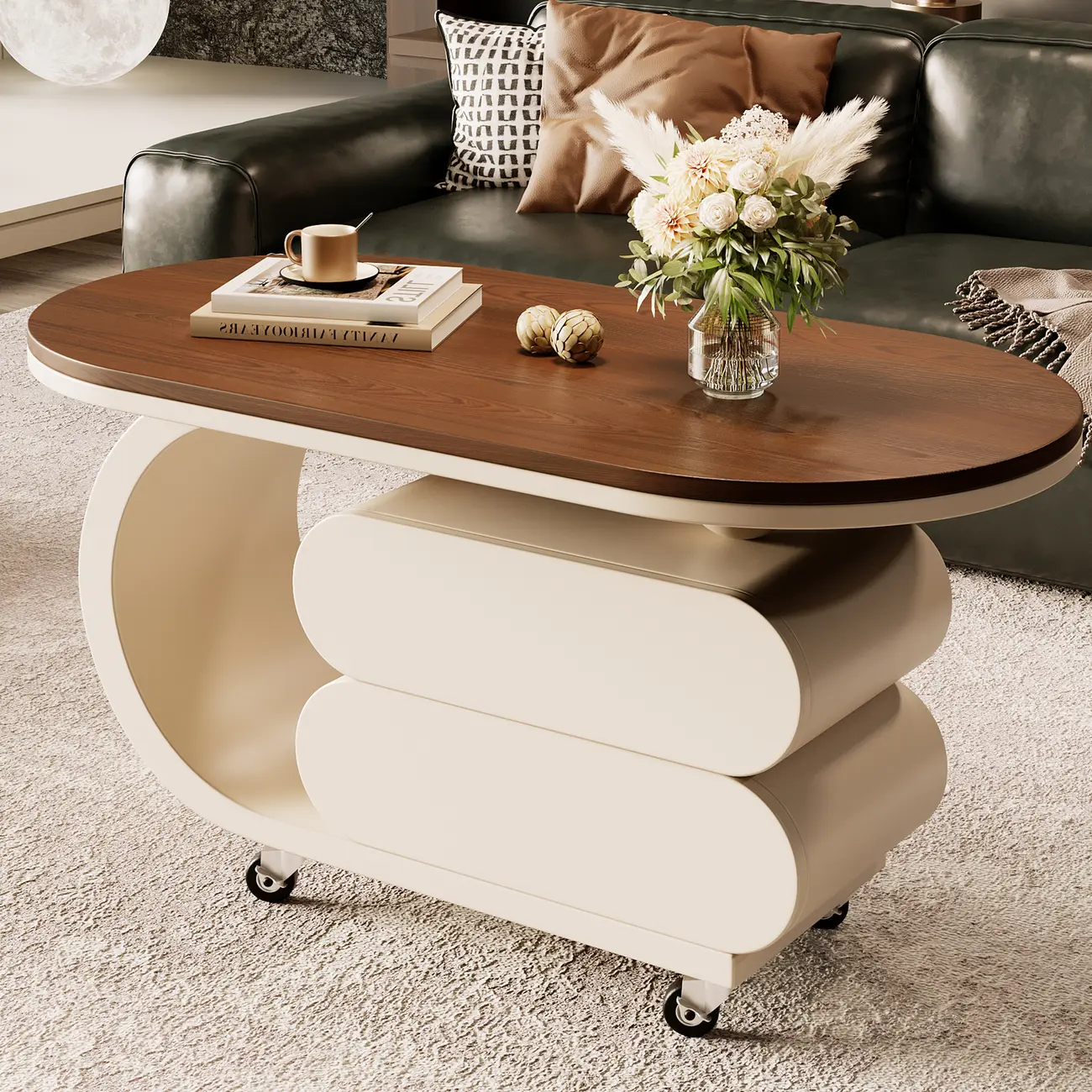 Oval Wood Top Modern Rolling Coffee Table With Drawers Image - 6 | homeyfad