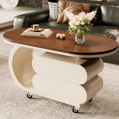 Oval Wood Top Modern Rolling Coffee Table With Drawers Image - 6