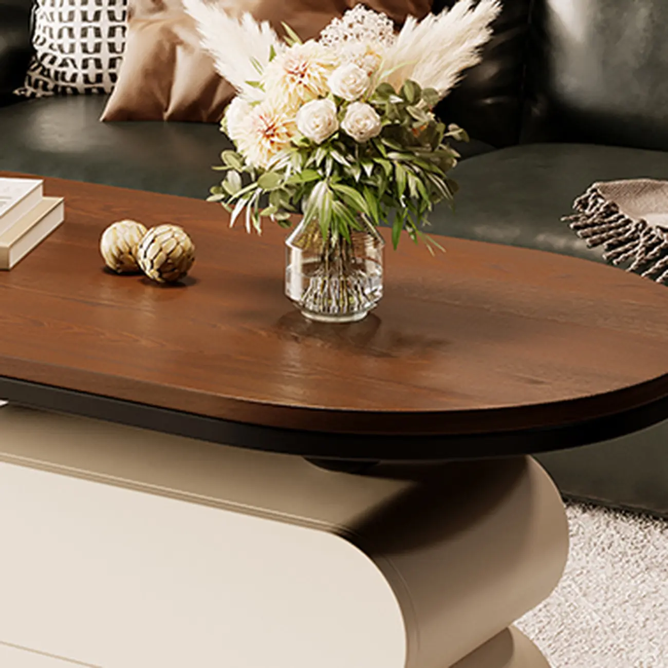 Oval Wood Top Modern Rolling Coffee Table With Drawers Image - 7 | homeyfad