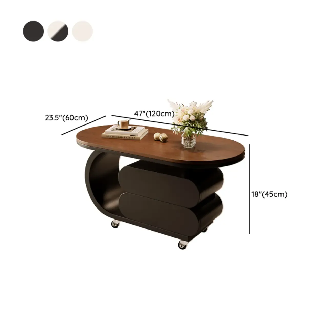 Oval Wood Top Modern Rolling Coffee Table With Drawers Image - 12