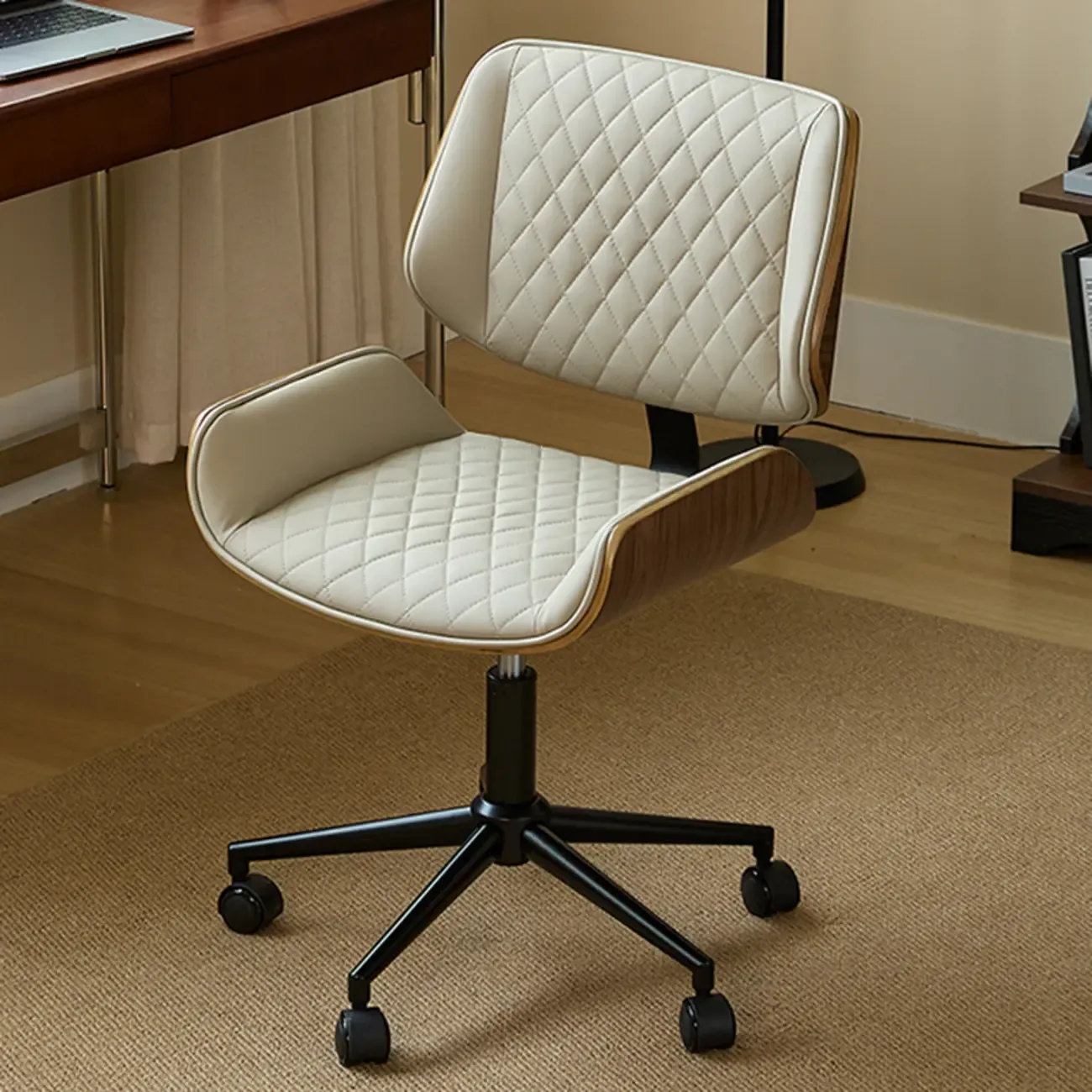 Beige Upholstered Armless Swivel Office Chair Adjustable Image - 1