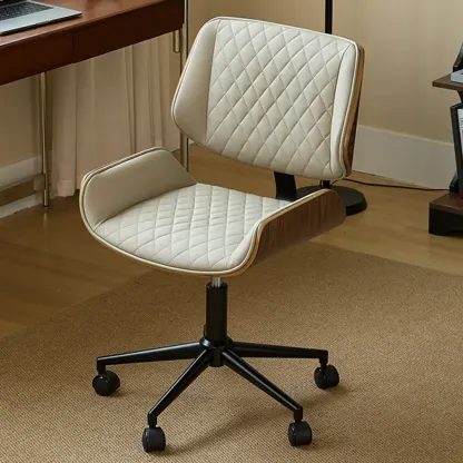 Beige Upholstered Armless Swivel Office Chair Adjustable Image - 1