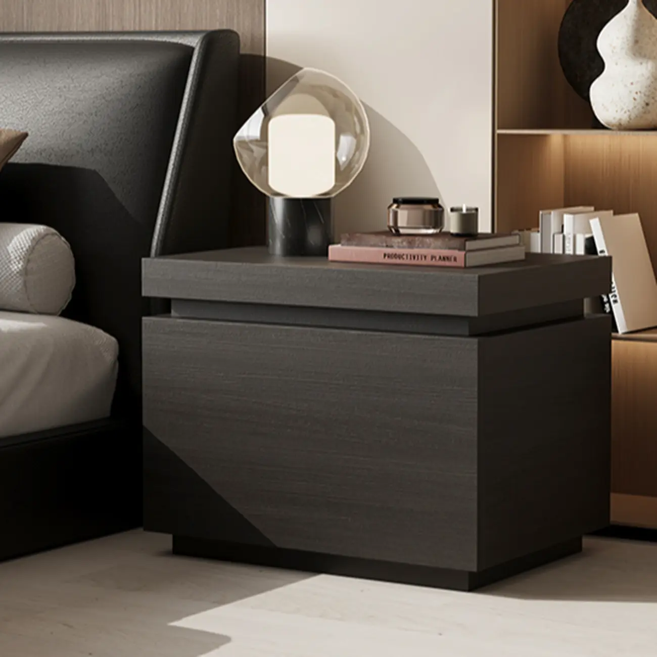 Dark Walnut Wood 1-drawer Nightstand with Laminate Top Image - 2 | homeyfad