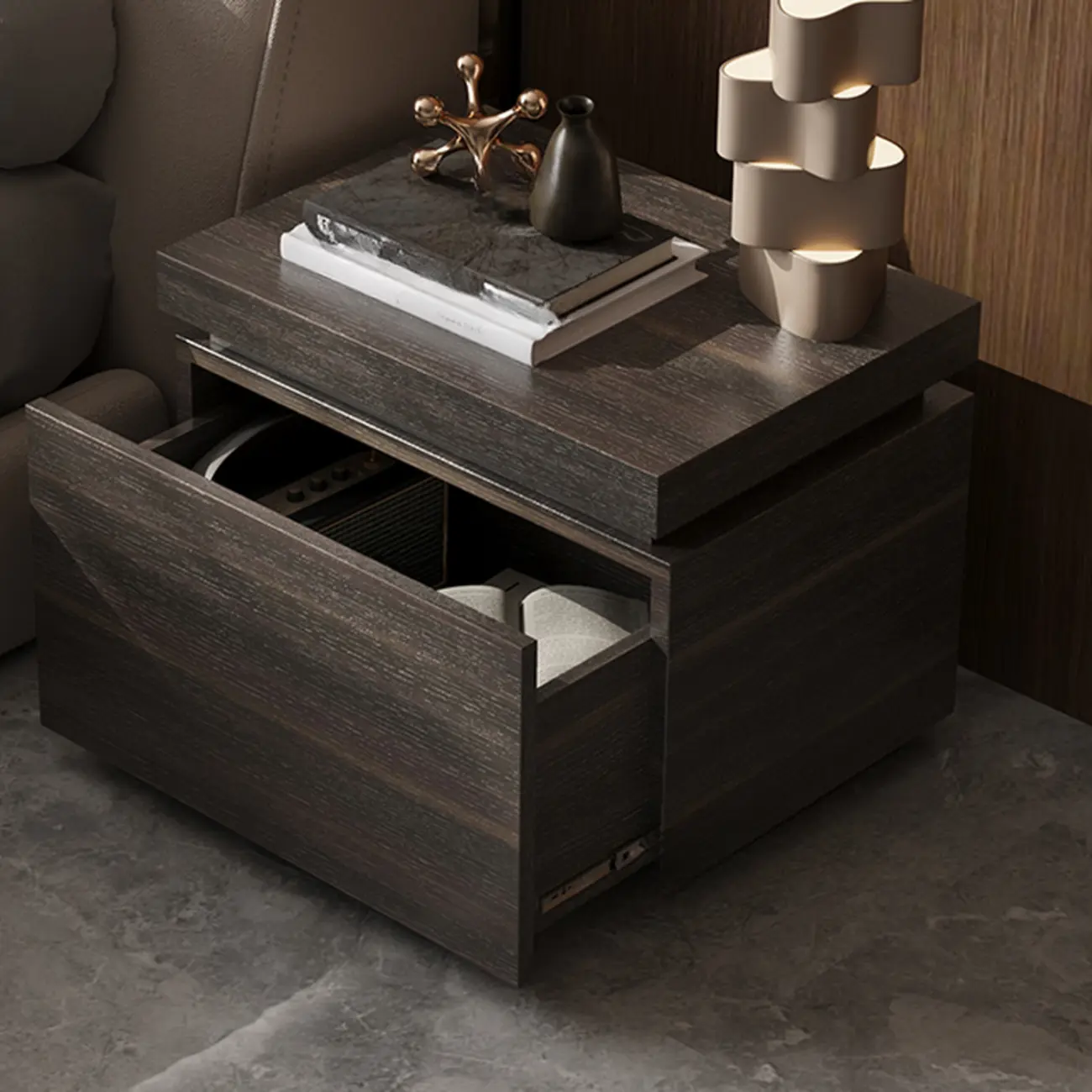 Dark Walnut Wood 1-drawer Nightstand with Laminate Top Image - 3 | homeyfad