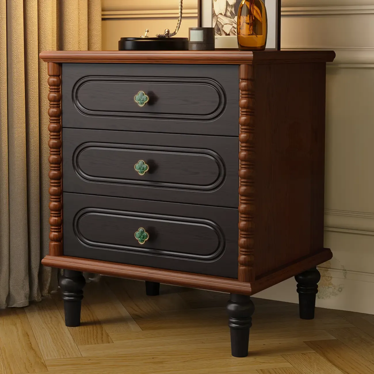 Mid Century Modern Wooden 3-drawer Nightstand with Legs Image - 1