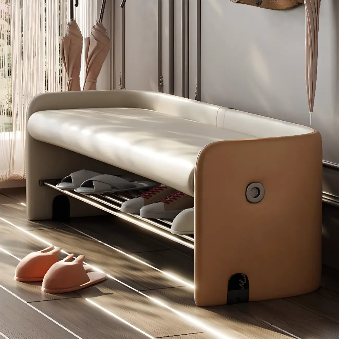 Minimalist Cushioned Upholstered Entryway Bench With Shelves Image - 2