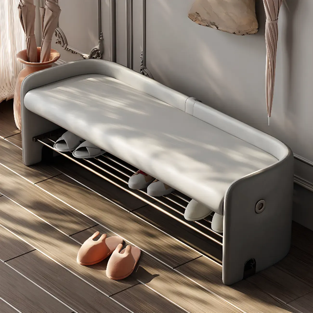 Minimalist Cushioned Upholstered Entryway Bench With Shelves Image - 3