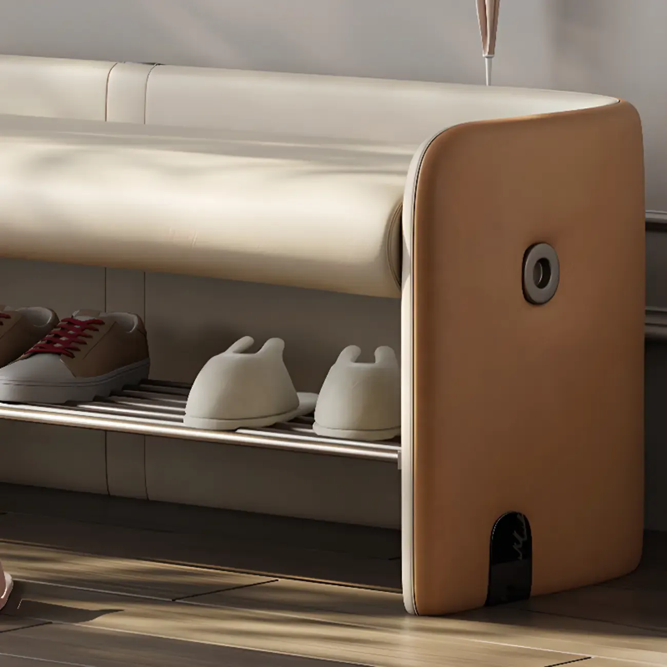 Minimalist Cushioned Upholstered Entryway Bench With Shelves Image - 4