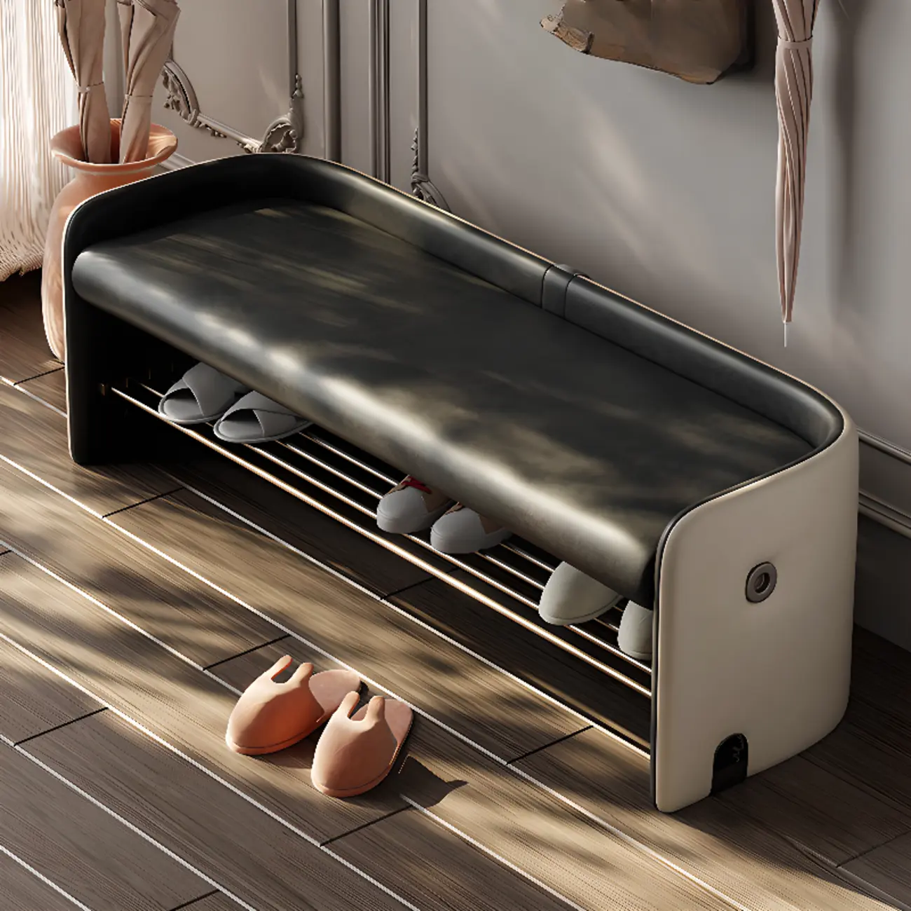 Minimalist Cushioned Upholstered Entryway Bench With Shelves Image - 5 | homeyfad