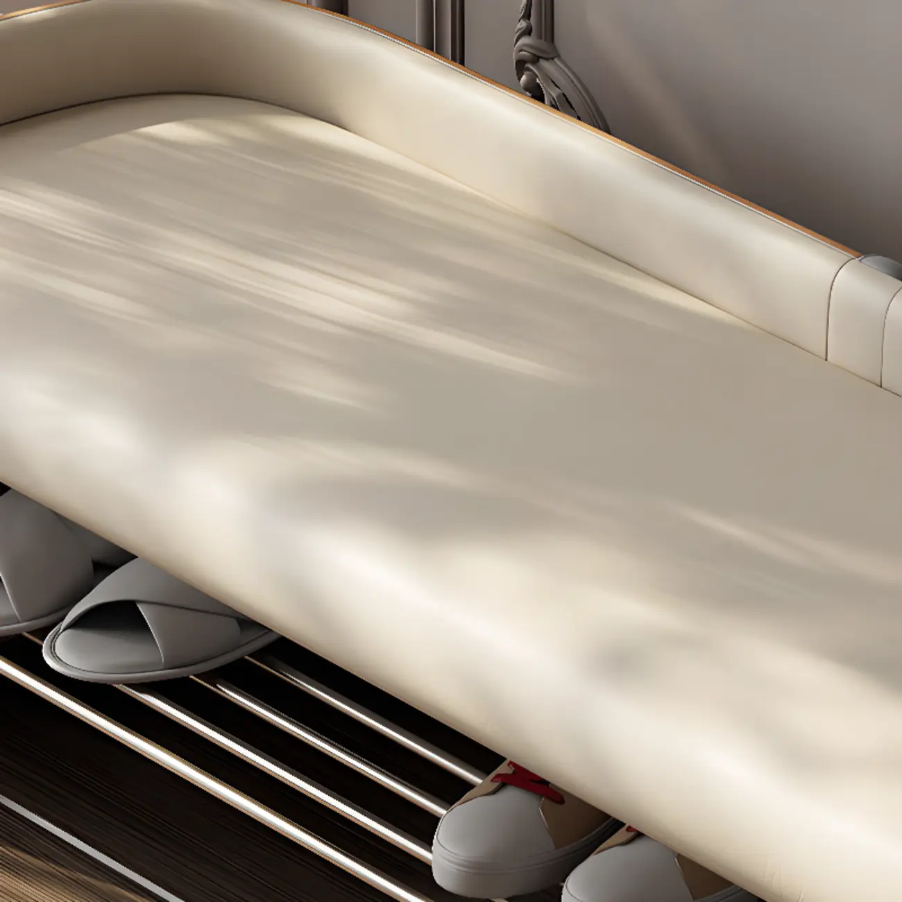 Minimalist Cushioned Upholstered Entryway Bench With Shelves Image - 6 | homeyfad