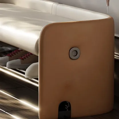 Minimalist Cushioned Upholstered Entryway Bench With Shelves Image - 8