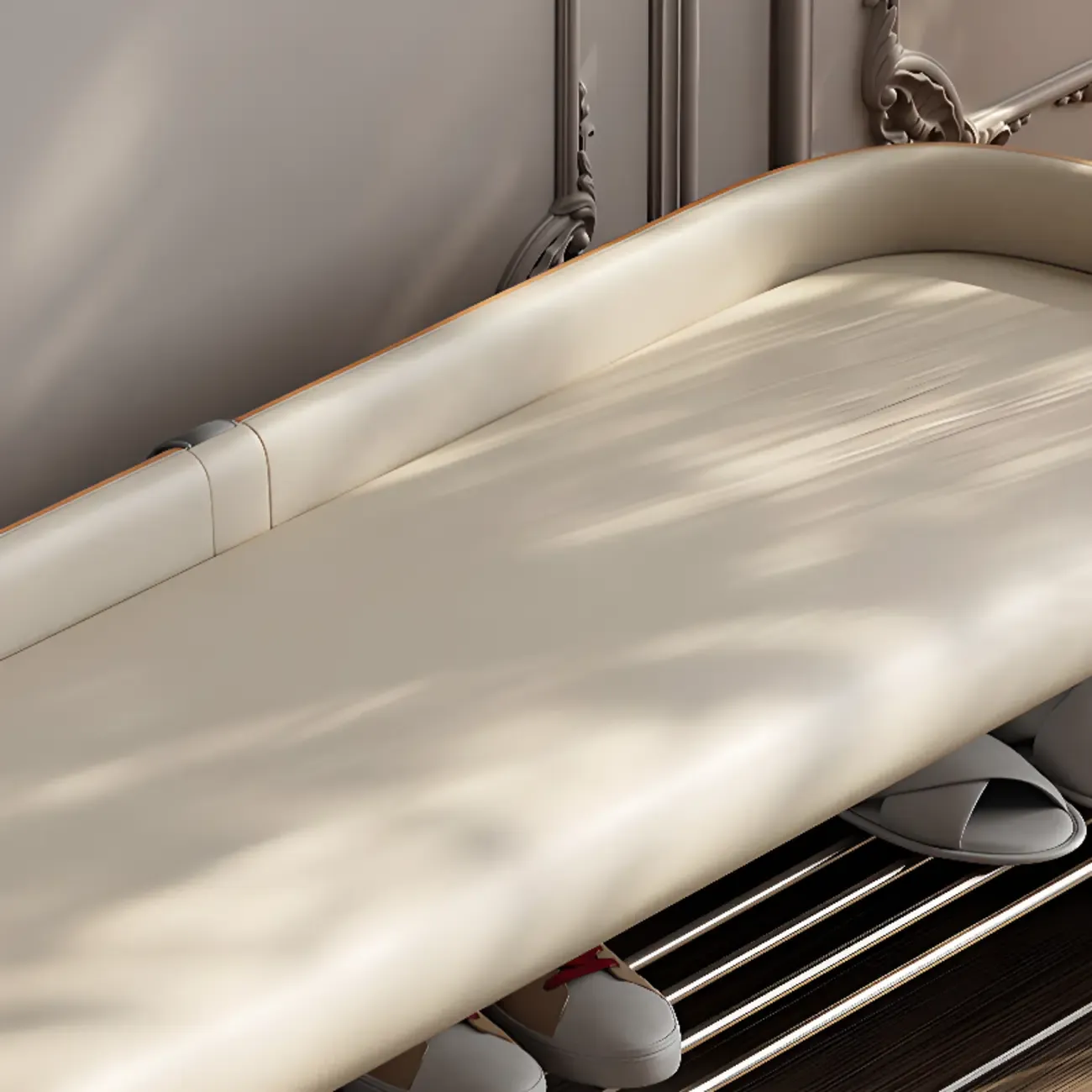 Minimalist Cushioned Upholstered Entryway Bench With Shelves Image - 9