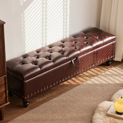 Traditional Upholstered Leather Bedroom Bench Flip-top Design Image - 2
