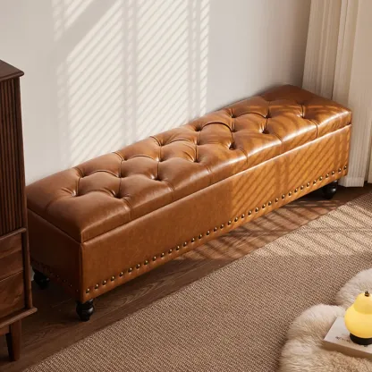 Traditional Upholstered Leather Bedroom Bench Flip-top Design Image - 5