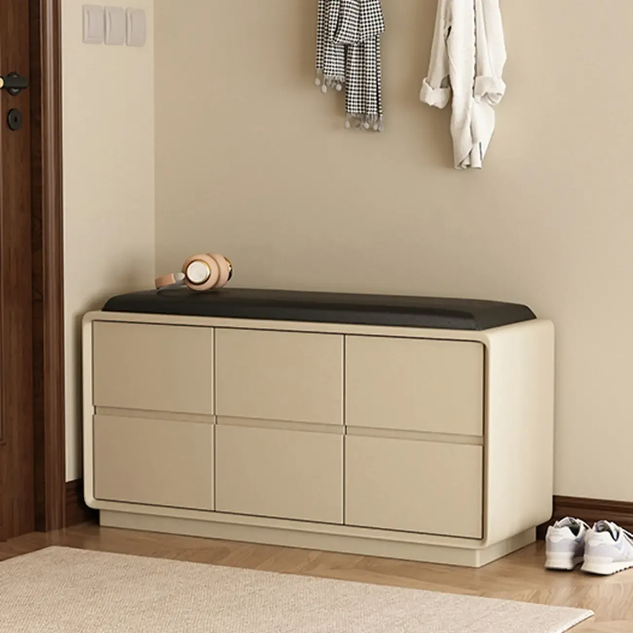 Minimalist Entryway 2-tier Upholstered Shoe Storage Bench Image - 2