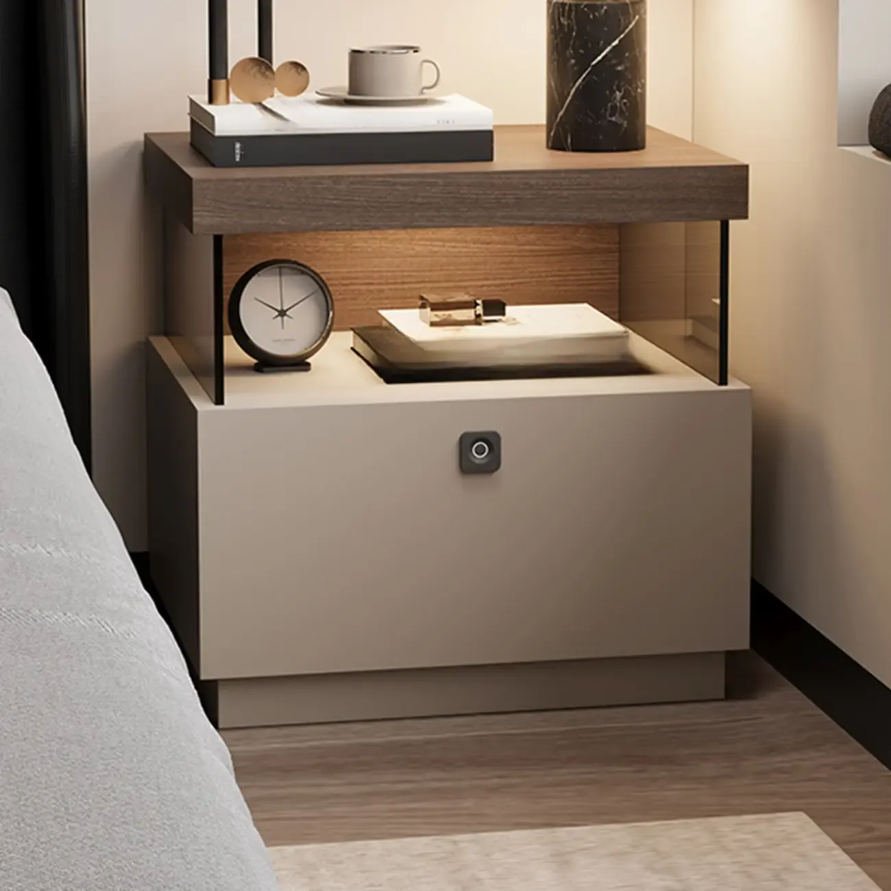 Elegant Khaki Modern Wooden Nightstand with Drawer Image - 1
