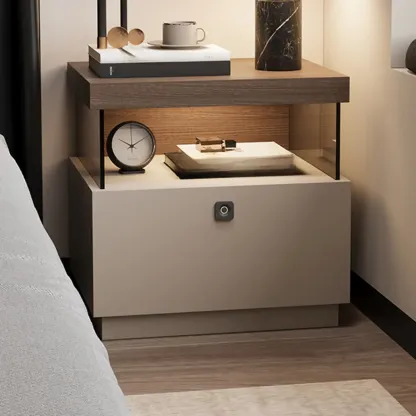 Elegant Khaki Modern Wooden Nightstand with Drawer Image - 1