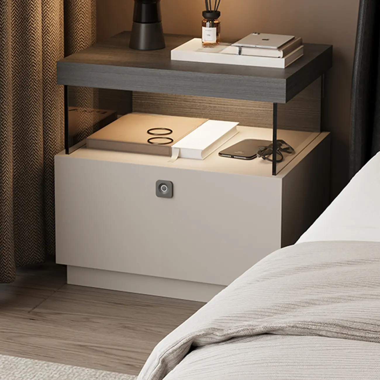 Elegant Khaki Modern Wooden Nightstand with Drawer Image - 2 | homeyfad