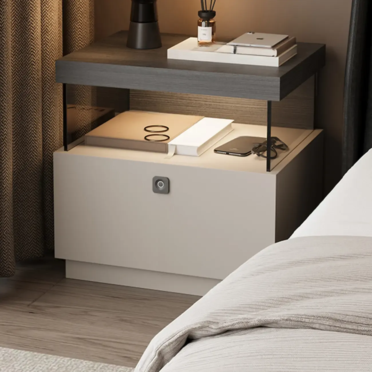 Elegant Khaki Modern Wooden Nightstand with Drawer Image - 2